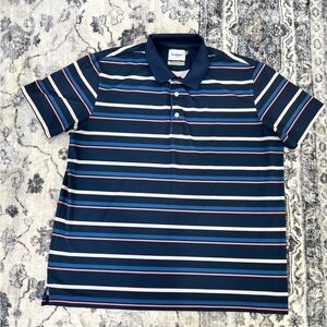 Goodfellow & Co Men's Polo Shirt - Navy with Orange, White, and Blue Stripes